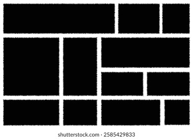 Torn paper pieces set. Black rectangle frames with jagged edges. rectangular shape silhouettes collection. torn paper frames with rough edges vector set for  sticker, collage, banner. 