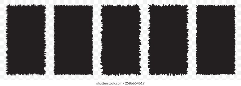Torn paper pieces set. Black rectangle frames with jagged edges. Ripped rectangular shape silhouettes collection. Textured grunge element bundle for collage, text box, banner, sticker. Vector. EPS 10.