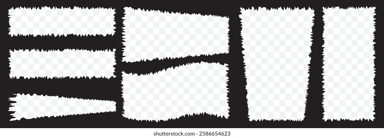 Torn paper pieces set. Black rectangle frames with jagged edges. Ripped rectangular shape silhouettes collection. Textured grunge element bundle for collage, text box, banner, sticker. Vector. EPS 10.