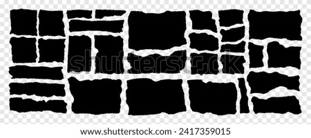 Torn paper pieces set. Black rectangle frames with jagged edges. Ripped rectangular shape silhouette collection. Textured vector grunge element bundle for collage, text box, banner, and sticker.  Stock foto © 