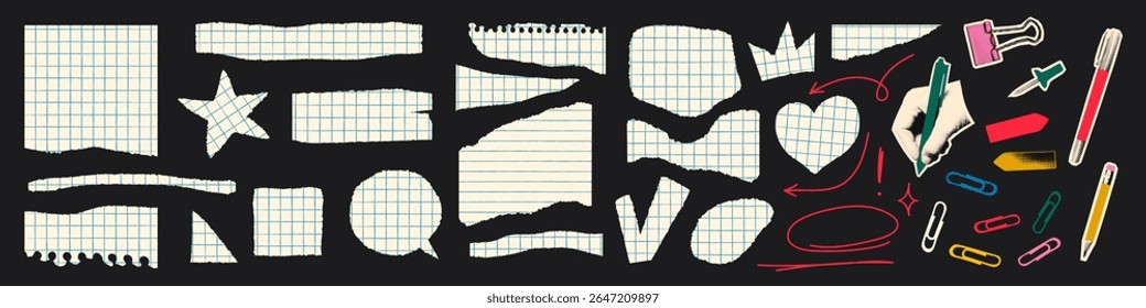 Trozos de papel rasgados con textura vintage de cuadrícula de gráfico azul, regreso a la escuela, recortes de papel de papelería, garabatos. Elementos de moda para collage. Ilustración vectorial retro moderna para el diseño de medios mixtos
