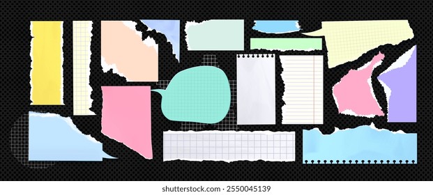 Torn paper pieces set isolated on black background. Vector realistic illustration of blank ripped notepad pages with uneven edges, empty notebook sheets, color memory notes, speech bubble template