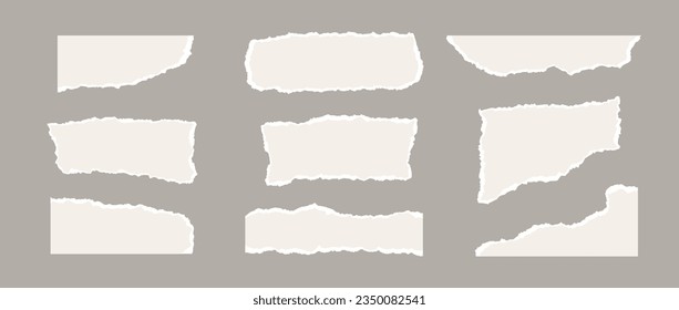Torn paper pieces set. Light beige shapes with jagged uneven edges. Ripped different paper fragments collection. Textured grunge element bundle for collage, text box, banner, sticker, poster. Vector