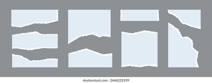 Torn paper pieces set. Light blue ripped paper sheet strips collection. Shapes and elements with jagged uneven edges for collage, text box, banner, sticker, poster. Vector textured cardboard fragments