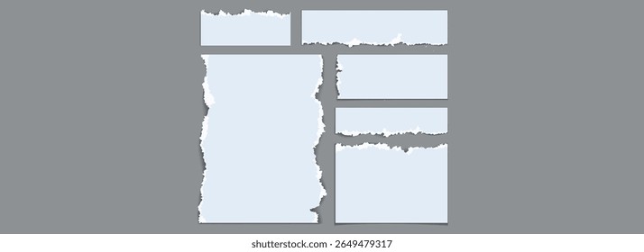 Conjunto de pedazos de papel rasgados. Colección de tiras de papel rasgadas azul claro. Formas y Elementos con bordes irregulares dentados para collage, cuadro de texto, Anuncio, pegatina, póster. Fragmentos de cartón con textura de Vector