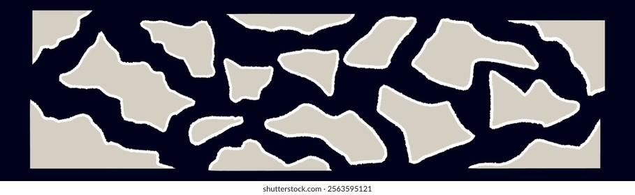 Torn paper pieces set with ripped edges and textured cutouts. Notebook scraps, frames, and borders collection for scrapbook templates. Flat vector illustration isolated