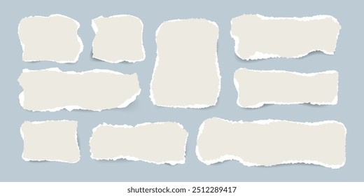 Torn Paper pieces set. Paper sheet with Ripped edges. Blank Frame. Abstract Scraps shape. Element for notes banner collage text box social media Design. Vector illustration