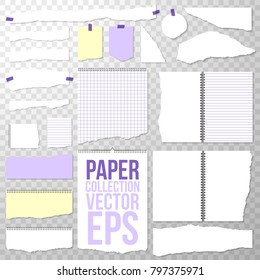 Torn Paper Pieces from Spiral Bound Notebook. Clean or Blank Pages Isolated on Transparent Background. Torn off Binder White, Squared and Lined Papers. Yellow and Purple Color.