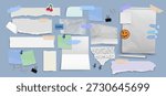 Torn paper pieces and sticker notes on blue background. Vector realistic illustration of ripped notebook pages attached with adhesive tape, school board notice sheets and pins, clips, binder