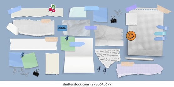 Peças de papel rasgado e notas adesivas sobre fundo azul. Ilustração em vetor realista de páginas rasgadas de notebook anexadas com fita adesiva, folhas de aviso e pinos da placa da escola, clipes, aglutinante