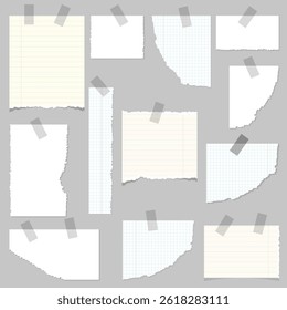 Torn paper pieces taped on gray background.