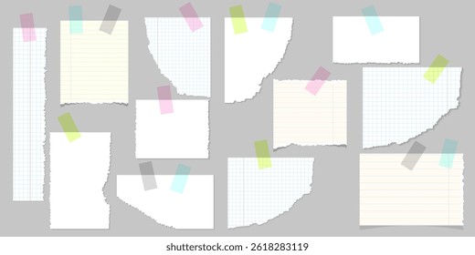 Torn paper pieces taped on gray background.