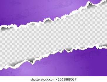 Torn paper purple diagonal stripes with grunge texture and soft shadow on a square background for text. Vector illustration