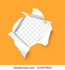 Torn paper. Ragged hole torn in ripped orange paper sheet on transparent background. Realistic vector illustration