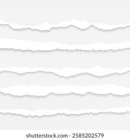 Torn paper. Realistic torn paper banners with ripped edges and shadow. Horizontal notebook strips, blank gray sheets with text space. Vector infographic template.