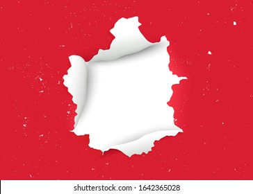 Torn Paper Realistic. Ragged Hole In Ripped Paper On Red Background. Ripped, Torn And Disrupted Effect. Old Painted Wall With Crackling Effect. Banner With Hole. Vector