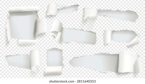 Torn paper with realistic rip effect and ragged edge on white background. Vector sheet with hole texture, curl design and broken frame border. Isolated blank page template for graphic mockup.