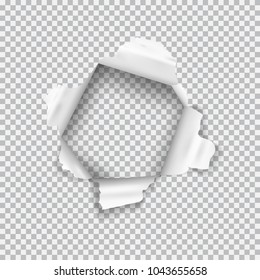 Torn paper realistic with ripped edges hole in the sheet of paper. Element for advertising and promotional message isolated on transparent background. Vector illustration for your design and business