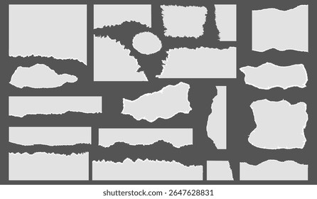Papel rasgado. Sucatas de papel realistas com bordas rasgadas. Coleção de tiras de papel rasgado branco. Decoração ornamento arte. Notas pegajosas. pedaços de papel rasgado em várias formas