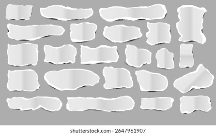 Papel Rasgado. Desechos de papel realistas con bordes rotos. pedazos de papel rotos en varias Formas. Arte del ornamento de la decoración. Notas pegajosas