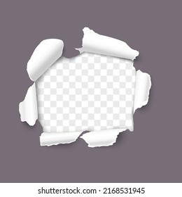 Torn paper realistic vector background. Hole in the sheet of paper on a transparent background