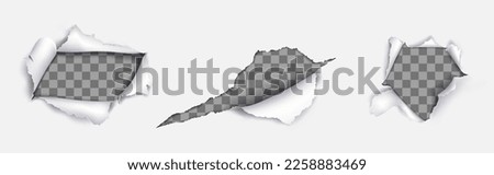 Torn paper, rip holes in white sheet isolated on transparent background. Blank paper page with ragged breaks, cuts with curl edges, vector realistic illustration