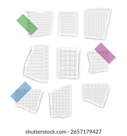 Torn paper, rip paper pieces and notebook page  with ripped corners, vector note sheets