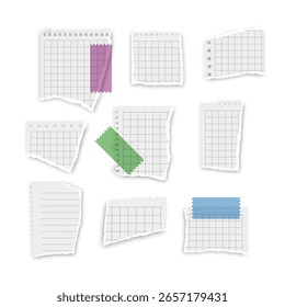 Papel rasgado, pedazos de papel rasgados y página del cuaderno con las esquinas rasgadas, hojas de nota del Vector