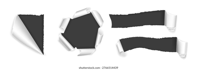 Torn paper rip set. Torn paper shapes with dark inner areas and curled white edges on light background. Rip effect with curled corners and shadows. Realistic vector illustrations set.