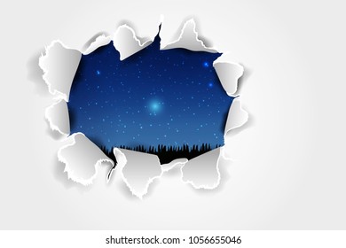 Torn paper with ripped edges. vector background with torn paper over Blue dark night sky. Template design for banner for web and print, sale promo, advertising, presentation