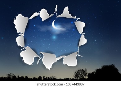 Torn paper with ripped edges. vector background with torn paper over Blue dark night sky. Vector illustration. Milkyway cosmos background