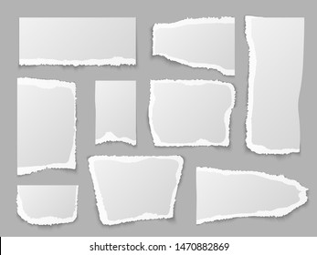 Torn paper. Ripped papers pieces, grainy scrap page. Blank message edges. Crumpled note, memo labels and shape square texture notebook isolated vector set