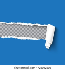 Papel rodado con borde rodado sobre fondo transparente, marco para el diseño de texto, plantilla vectorial realista. Hoja azul con bordes rasgados