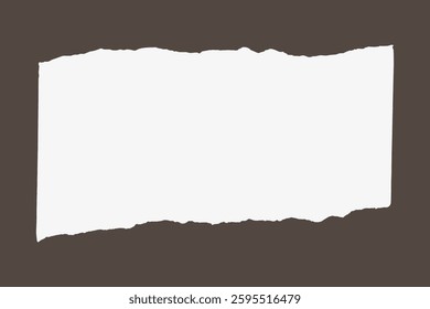 Torn paper with rough edges on a brown background. The torn paper creates a jagged, uneven look. The brown background contrasts with the white torn paper. Ripped paper vector.