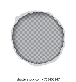 Torn paper with rough edges and round hole isolated on transparent background. Realistic vector illustration of white paper frame for text