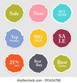 Torn paper round sticker, label, banner set.