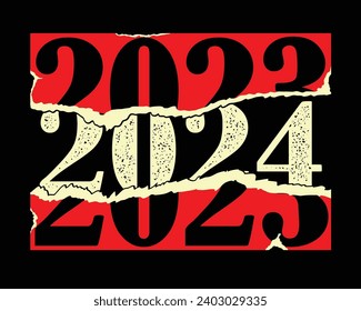 The torn paper says 2023 and on the back of the paper it says 2024. New year 2024. Vector illustration design, for posters, calendars, greetings and New Year 2024 celebrations.
