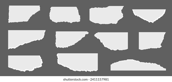 Torn paper scrap with ragged edges set. Ripped template. Piece of horizontal paper. Vector illustration of torn blank pages with uneven texture edges isolated