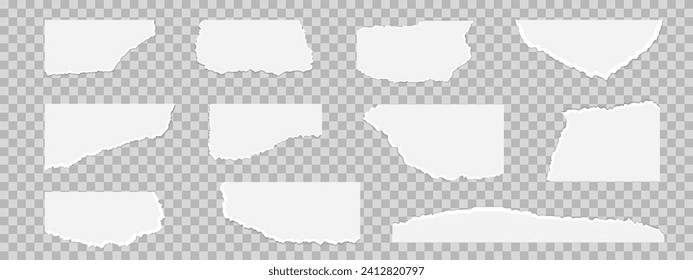 Raspar papel con los bordes rasgados. Plantilla arrancada. Pieza de papel horizontal. Ilustración vectorial de páginas en blanco rotas con bordes de textura desiguales aislados
