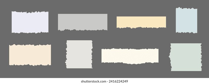 Torn paper scrap with ragged edges set. Ripped template. Piece of horizontal color paper. Vector illustration of torn blank pages with uneven texture edges isolated