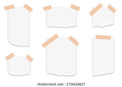 Desechos de papel desgarrados con cinta adhesiva. Conjunto de tiras de papel rotas con bordes rasgados. Desechos de papel blanco, notas pegajosas arrancadas. Vector