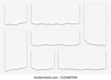 Desechos de papel rotos. Conjunto de tiras de papel rotas con bordes rasgados. Desechos de papel en blanco, notas pegajosas arrancadas. Vector