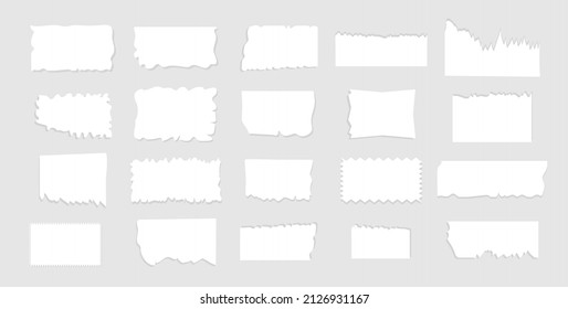 Papel roto. Fragmentos de papel. Borde de textura blanca. Un trozo de hoja sobre un fondo gris aislado. Borde de página con sombra. Vector