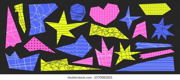 Torn paper, scrawl-textured clippings in bright colors. Vector template of elements for creating a design.