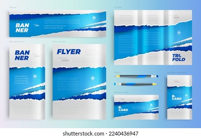 Torn paper Set flyer cover, tri-fold, banner, roll up banner, business card blue color