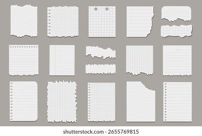Torn paper. Set of torn papers, stickers, sticky notes, memo messages, notepads. Ripped paper sheet fragments.