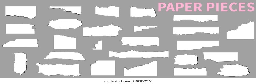 Torn paper set. Paper pieces isolated. Ripped paper strips. Torn sheets of paper