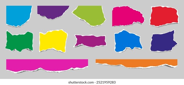 Torn paper. Set of realistic colored torn sheets of paper of different shapes and sizes. Ripped pieces and strips of different colors. Vector illustration.