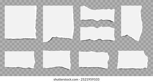 Torn paper. Set of realistic torn sheets of paper of different shapes and sizes. Ripped pieces of white color. Vector illustration.