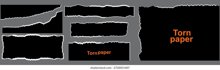 Conjunto de papel rasgado con borde rasgado en bolso transparente, tiras de papel ragged negro realista y chatarra para notas, mensaje y Anuncio, páginas de notas en blanco